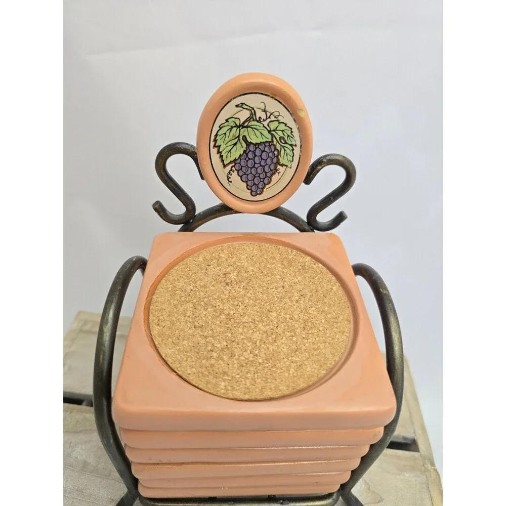Vintage Himark Wine Country Grape Cork Coasters Set of 6 Metal Holder Taiwan